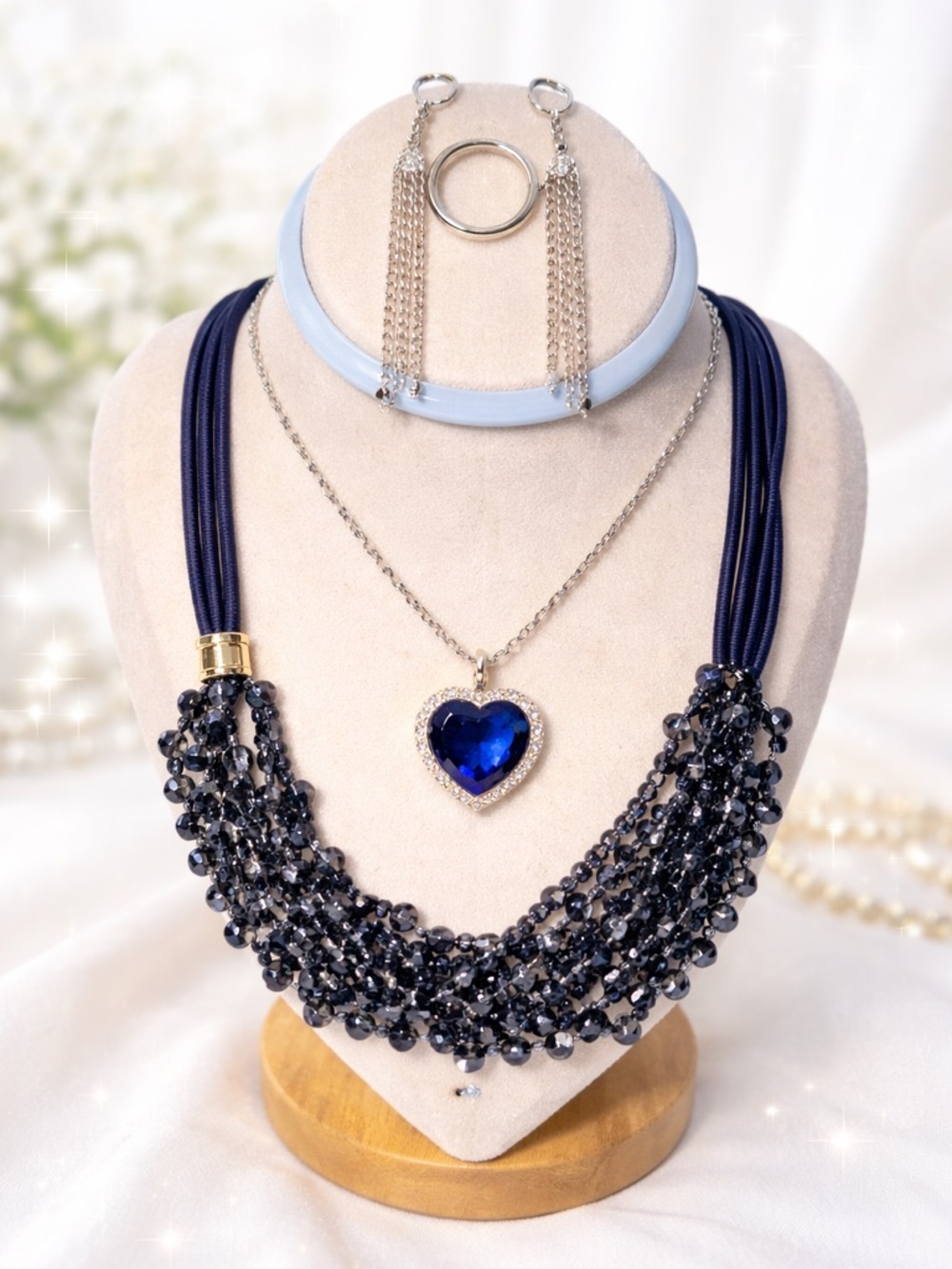 Blue Stack or Perfect Solo! Multi-Strand + Heart Pendant Set - Picture 2 of 5